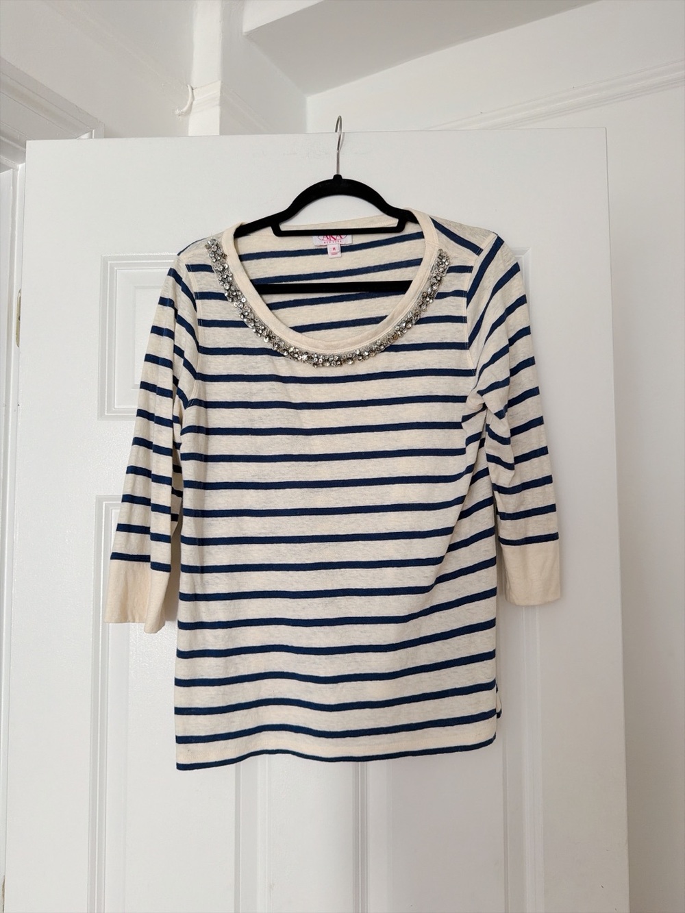 AKA New York Cream and Navy Striped Embellished Scoop Neck Top